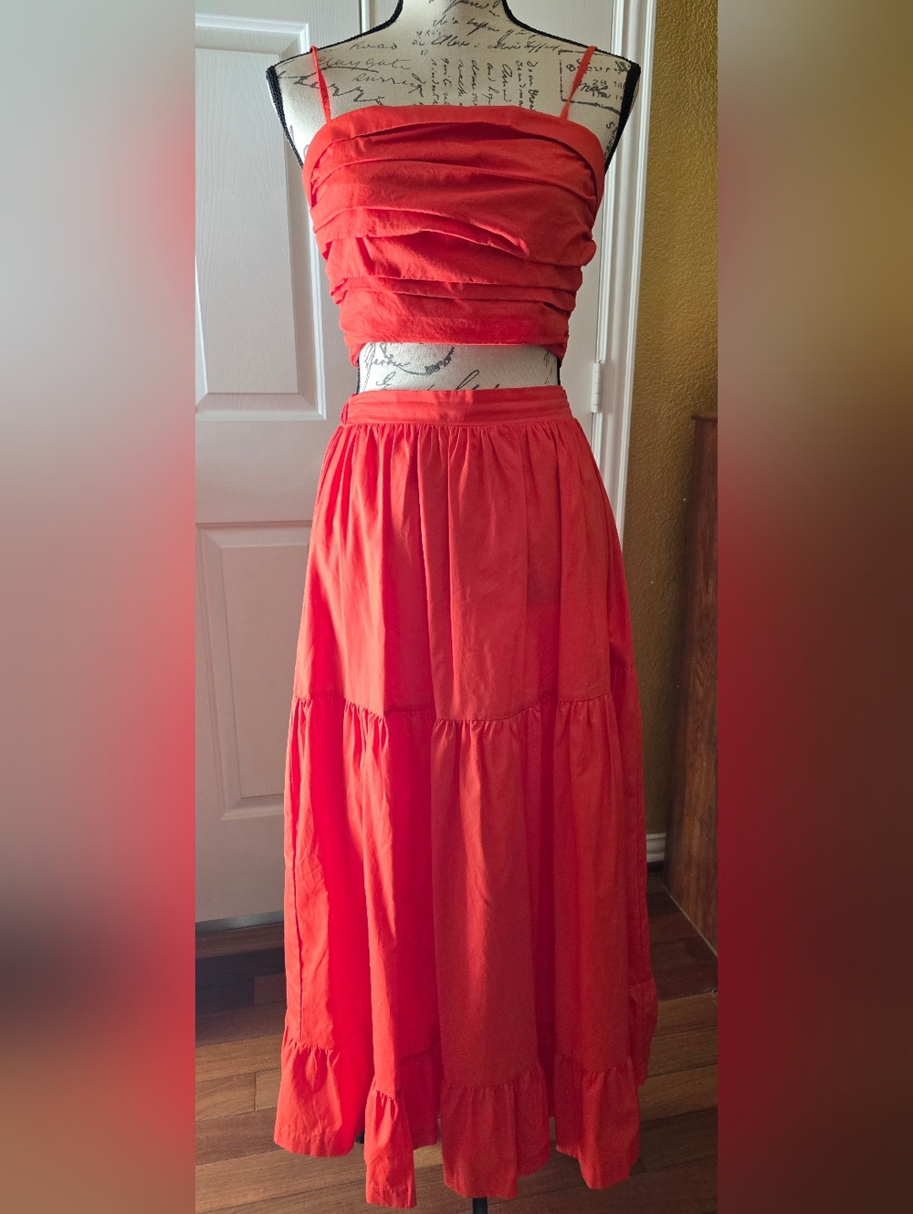 2PC Women’s Red Tiered Maxi Skirt & Top- Classic Summer Style Size S